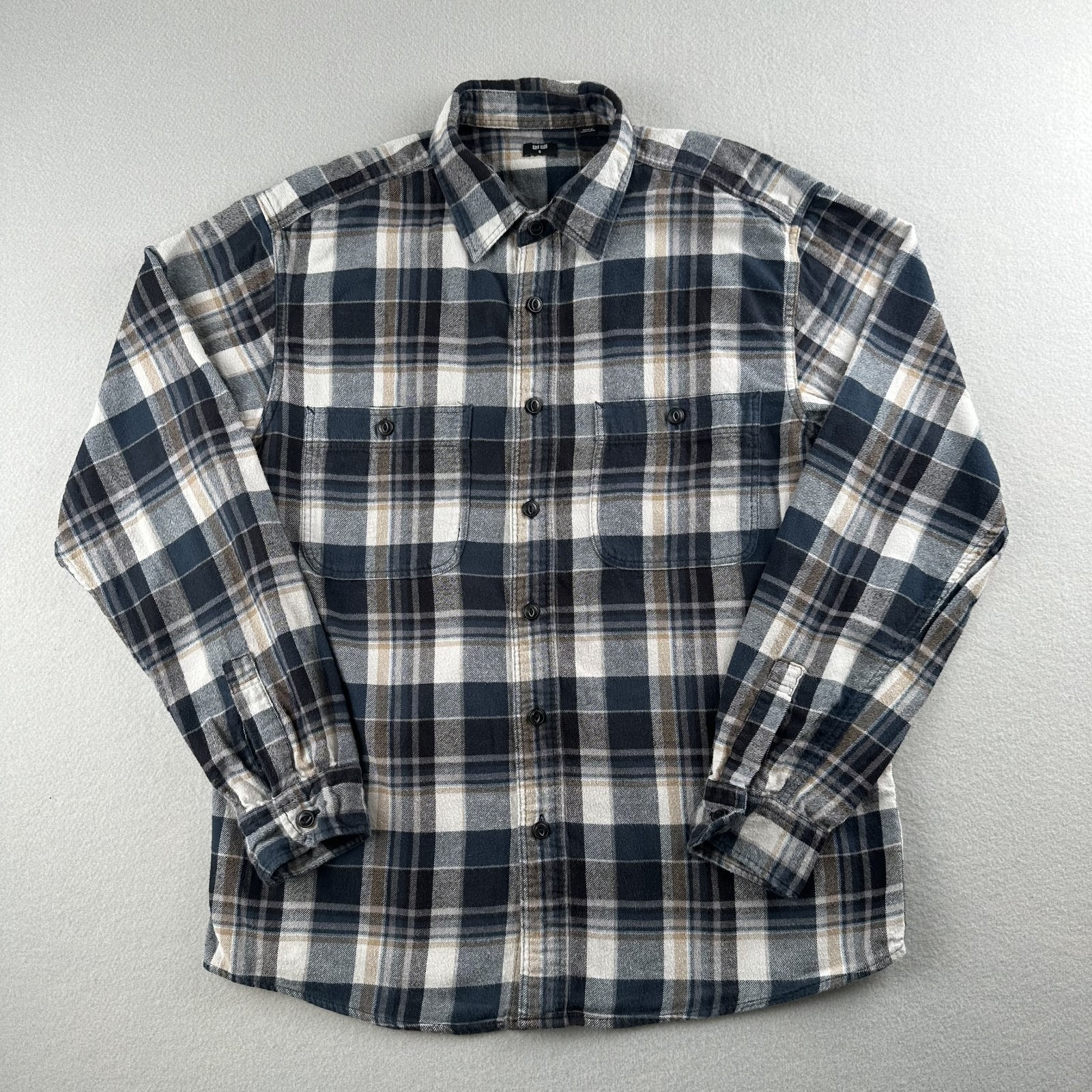 Uniqlo Shirt Mens Navy/White/Brown Plaid Flannel Long Sleeve Shirt Size Small